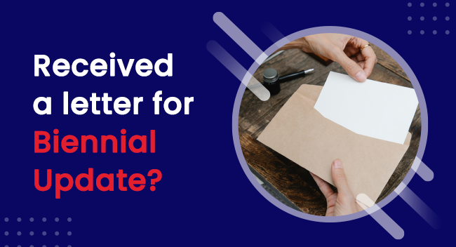 Hands hold an open envelope with a letter on a wooden table. The blue background features text reading, "Received a letter for Biennial Update?" indicating a USDOT-related announcement.