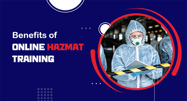 Person in protective gear and mask holds hazard tape, emphasizing safety training. Text reads, "Benefits of ONLINE HAZMAT TRAINING," highlighting the importance of virtual learning for handling hazardous materials.