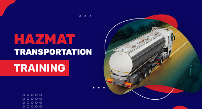 A large tanker truck travels on a highway, emphasizing hazardous material transportation. The text reads "HAZMAT TRANSPORTATION TRAINING".