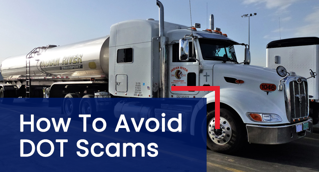 A semi-truck labeled "Indian River Transport" is parked in a lot. The text overlay reads, "How To Avoid DOT Scams." This advice is crucial for those seeking USDOT services.