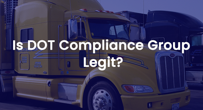 A yellow semi-truck is parked beside another truck in a parking area. The text overlaid on the image reads, "Is DOT Compliance Group Legit?"