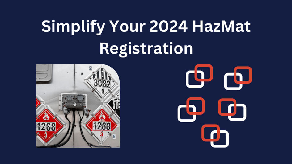 Hazardous material placards are displayed on a silver metal surface. Text reads, "Simplify Your 2024 HazMat Registration," alongside interlocking red and white square icons.