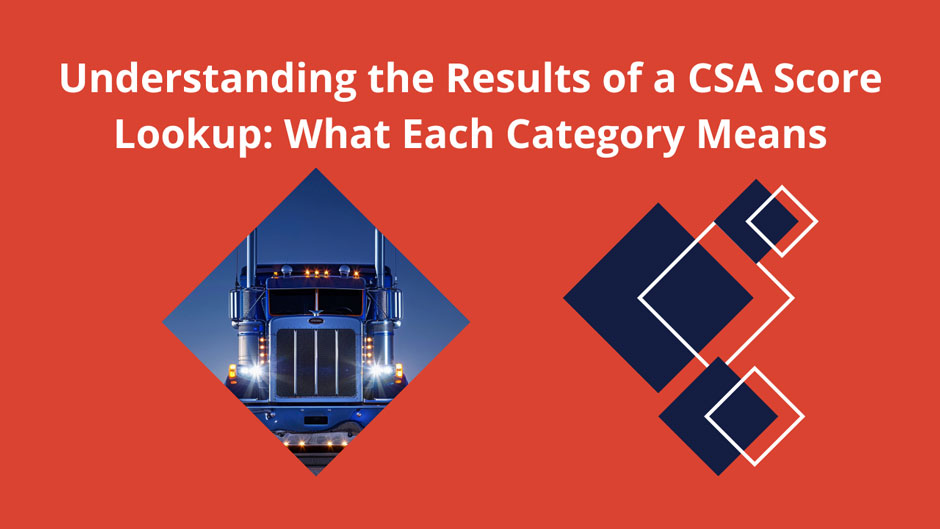 Text reads, “Understanding the Results of a CSA Score Lookup: What Each Category Means.” Shows a blue truck headlight illuminated in a diamond shape, with geometric patterns on an orange background.